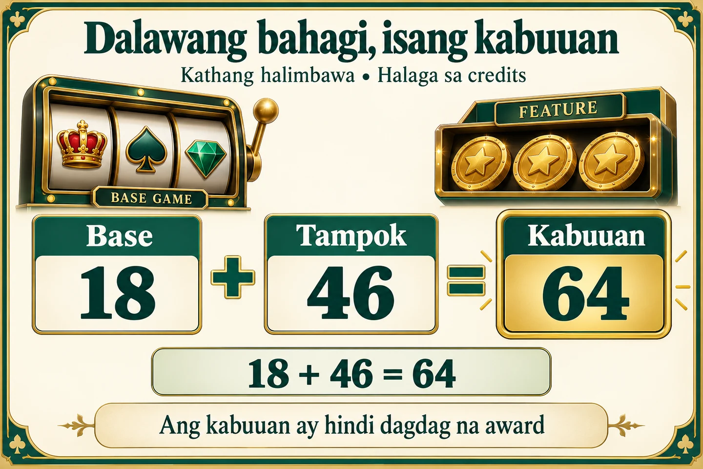 Fictitious example: base 18 credits and feature 46 credits total 64. The total row is not an extra award.