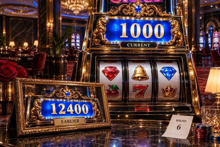 Illustrative jackpot cabinet shows earlier 12400 and current 1000 readings beside a separate round record of six.