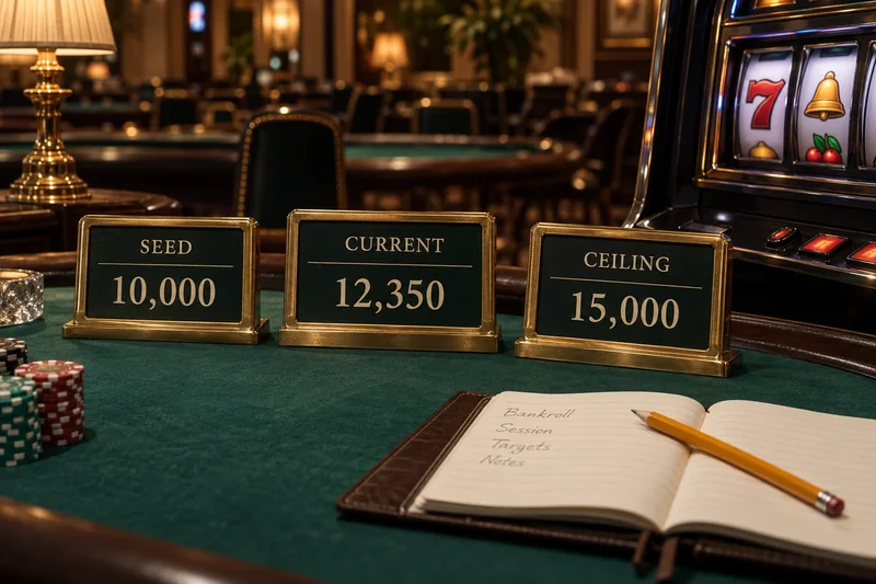 Example jackpot displays labelled Seed 10,000, Current 12,350 and Ceiling 15,000.