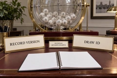 Lottery ball drum beside plaques labelled RECORD VERSION and DRAW ID, with a fictional revision notebook