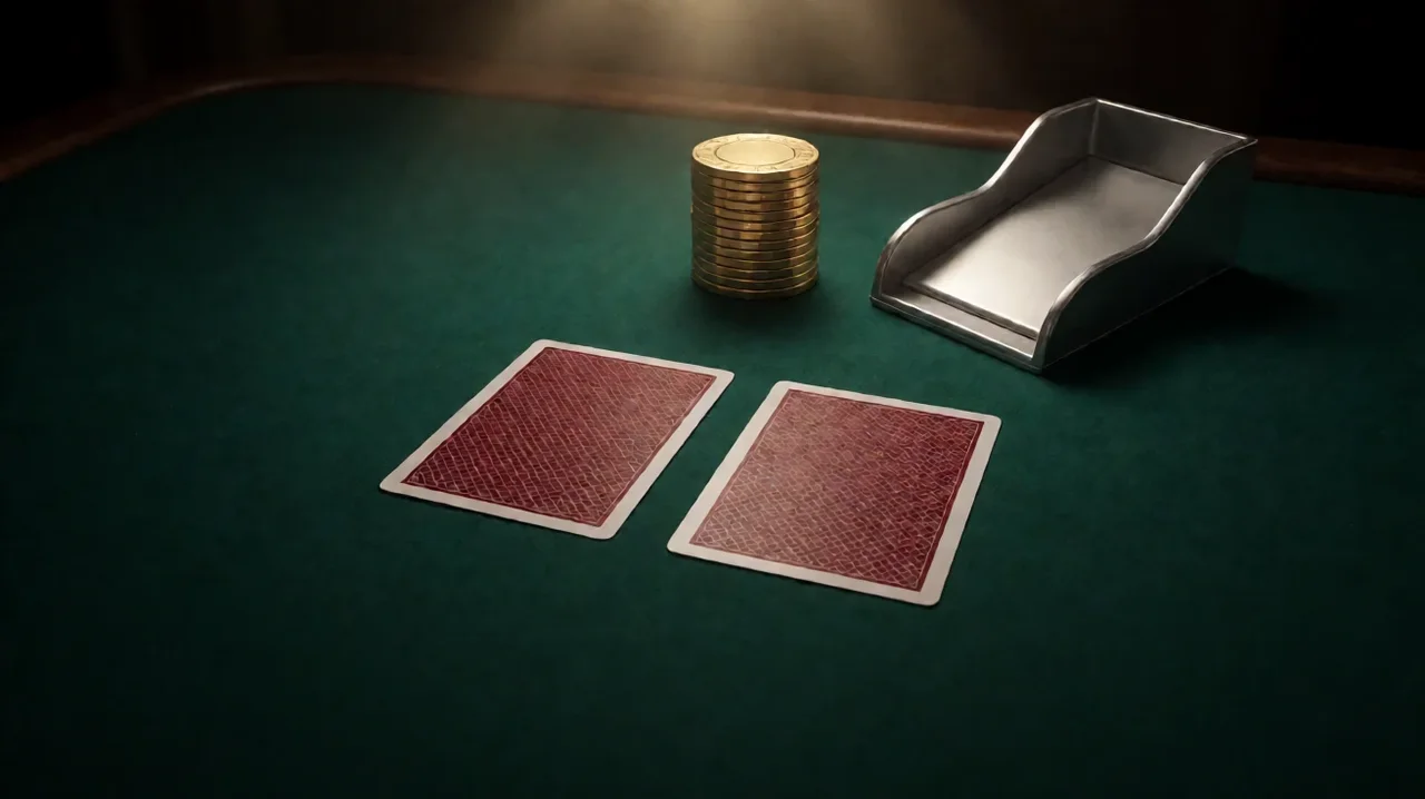 Black baccarat table with dark green felt, two face-down red-patterned playing cards, a stack of gold chips and a silver card shoe under a warm spotlight