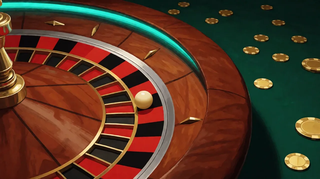 Close view of a wooden roulette wheel with red and black pockets, a cream ball resting in one pocket and gold chips scattered on dark green felt