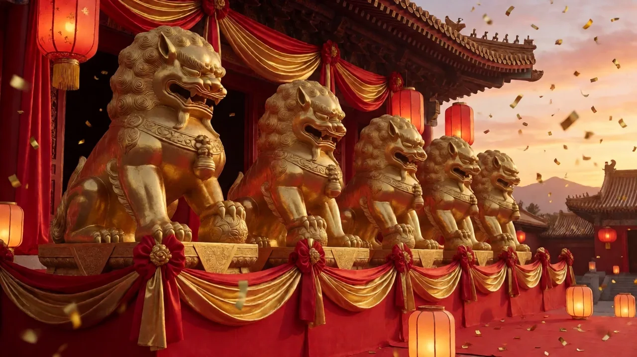Five golden guardian lion statues in a row on a red temple terrace at sunset, with red lanterns, silk drapes and falling gold confetti