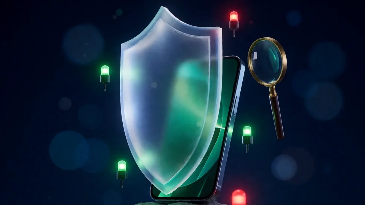 A translucent glowing shield in front of a smartphone with a green screen, a brass magnifying glass and small green and red signal lights on a dark navy background
