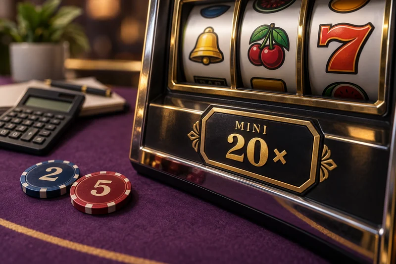 A generic Mini 20 × jackpot plaque beside teaching stake markers 2 and 5.